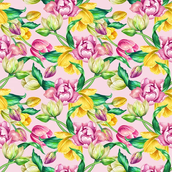 Bezešvé pozadí, akvarel žluté růžové tulipány, Botanická ilustrace, květinový vzor — Stock fotografie