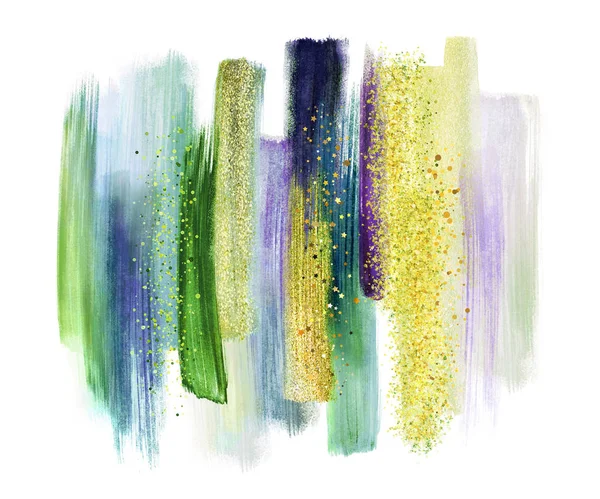 Abstract watercolor brush strokes isolated on white background, paint smears, green tones, palette swatches, modern wall art — Stock Photo, Image