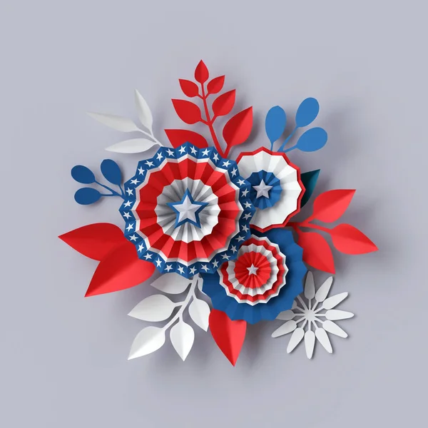 3d render, ilustración digital, flores abstractas de papel azul rojo — Foto de Stock