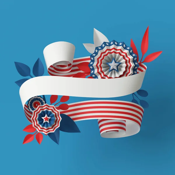 3d render, flores abstractas de papel azul rojo, elemento de diseño de cinta, fondo patriótico 4 de julio, banner del día de la independencia de EE. UU., invitación, plantilla de tarjeta de felicitación — Foto de Stock