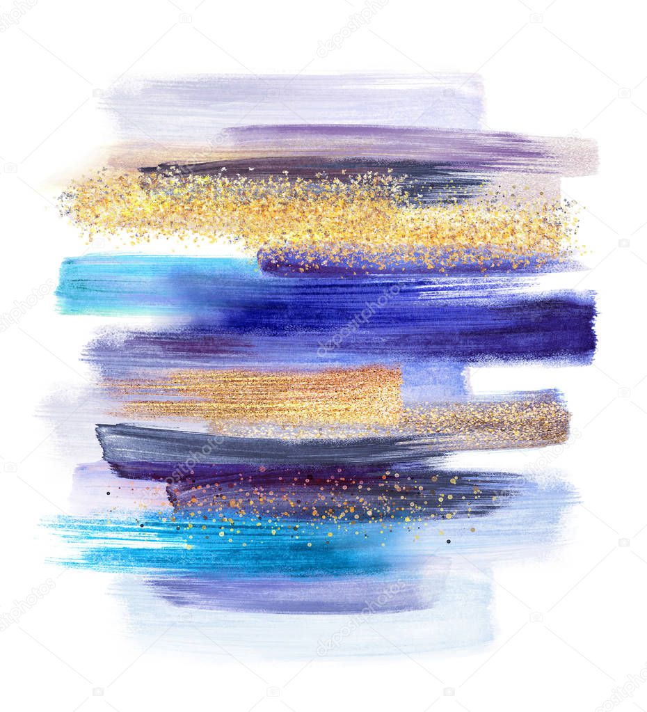 abstract watercolor brush strokes isolated on white background, paint smears, blue gold pastel palette swatches, modern wall art