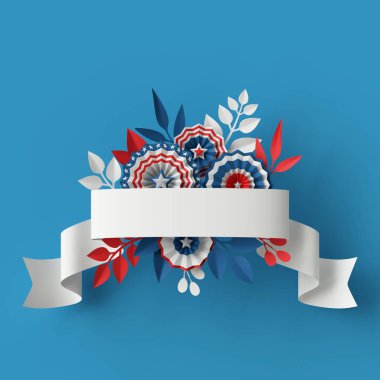 3D render, soyut kırmızı mavi kağıt çiçekler, boş şerit tasarım öğesi, 4 Temmuz vatansever arka plan, ABD Bağımsızlık günü afiş, davetiye, tebrik kartı şablonu