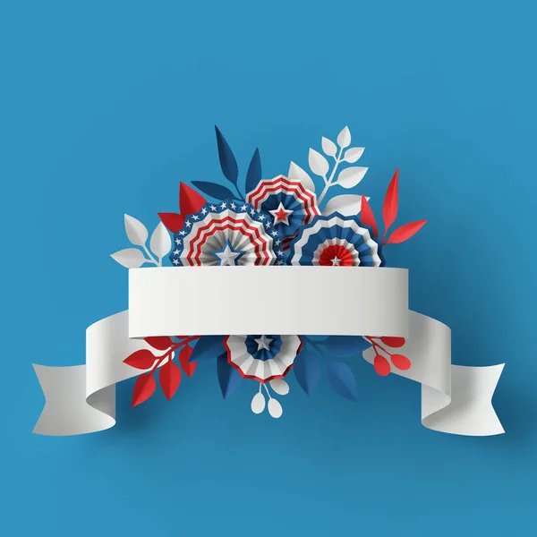 3d render, flores abstractas de papel azul rojo, elemento de diseño de cinta en blanco, fondo patriótico 4 de julio, banner del día de la independencia de EE. UU., invitación, plantilla de tarjeta de felicitación — Foto de Stock