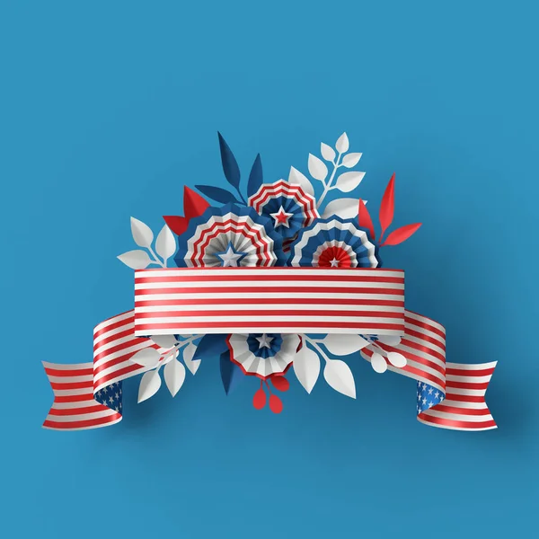 Renderowania 3D, Abstrakcja czerwony niebieski papier kwiatów, puste wstążki element projektu, patriotyczne tło 4 lipca, Dzień Niepodległości Usa transparent, zaproszenie, szablon karty z pozdrowieniami — Zdjęcie stockowe