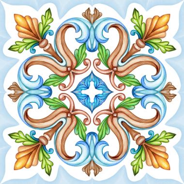 sulu boya resim, dekoratif arka plan, vintage model, ortaçağ acanthus, seramik süs, kaleydoskop, mandala