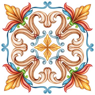 sulu boya resim, dekoratif arka plan, vintage model, ortaçağ acanthus, seramik süs, kaleydoskop, mandala