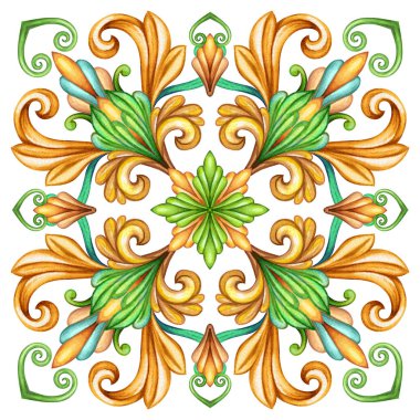 sulu boya resim, dekoratif arka plan, vintage model, ortaçağ acanthus, seramik süs, kaleydoskop, mandala