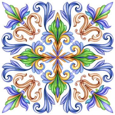 sulu boya resim, dekoratif arka plan, vintage model, ortaçağ acanthus, seramik süs, kaleydoskop, mandala
