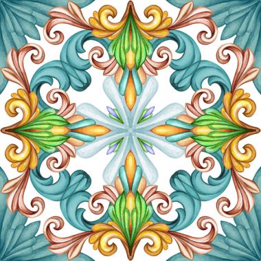 sulu boya resim, dekoratif arka plan, vintage model, ortaçağ acanthus, seramik süs, kaleydoskop, mandala