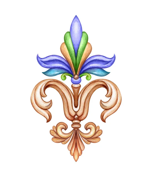 Watercolor illustration, fleur de lis, acanthus, decorative element, vintage ornament clip art — Stock Photo, Image