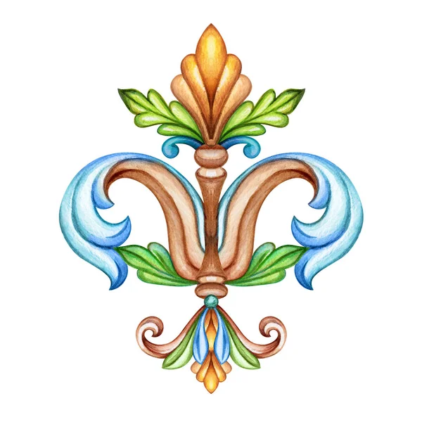 Akwarela, ilustracja, fleur de lis, Akant, element dekoracyjny vintage ornament clipart — Zdjęcie stockowe