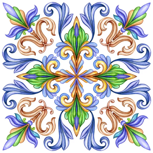 Watercolor illustration, abstract decorative background, vintage pattern, medieval acanthus, ceramic tile ornament, kaleidoscope, mandala — Stock Photo, Image