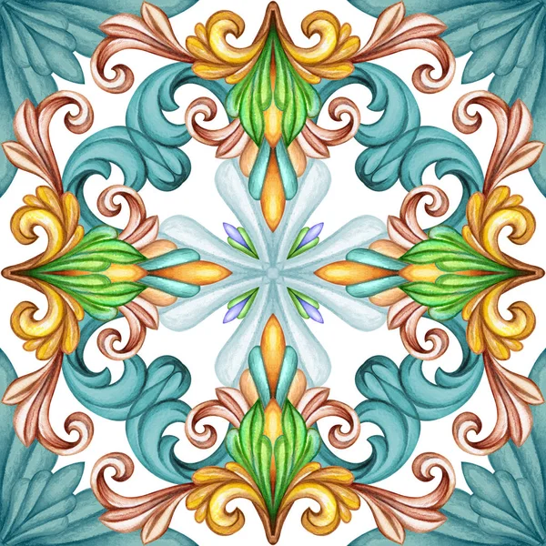 Watercolor illustration, abstract decorative background, vintage pattern, medieval acanthus, ceramic tile ornament, kaleidoscope, mandala — Stock Photo, Image