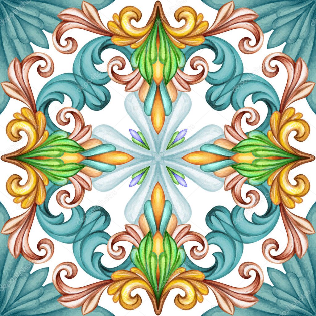 watercolor illustration, abstract decorative background, vintage pattern, medieval acanthus, ceramic tile ornament, kaleidoscope, mandala