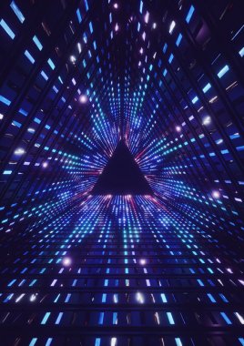 3D render, mavi neon led ışıklar, üçgen tünel, soyut geometrik arka plan