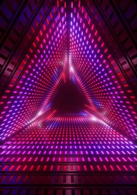 3D render, neon ışıkları, üçgen tünel, geometrik arka plan