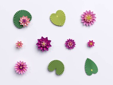 3D render, kağıt lotus çiçekleri, yeşil yapraklar, pembe nilüfer, d