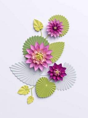 3D render, kağıt lotus çiçekleri, duvar dekorasyonu, pembe nilüfer