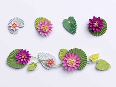 3D render, kağıt lotus çiçekleri, duvar dekorasyonu, sınır, pembe wa