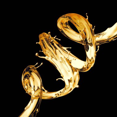 3D render, dijital illüstrasyon, açık sarı sarmal jet, limonata, çay, petrol sıçrama, alkol sıvı dalga, döngüler, curvy satır, siyah arka plan üzerine izole sıçramasına