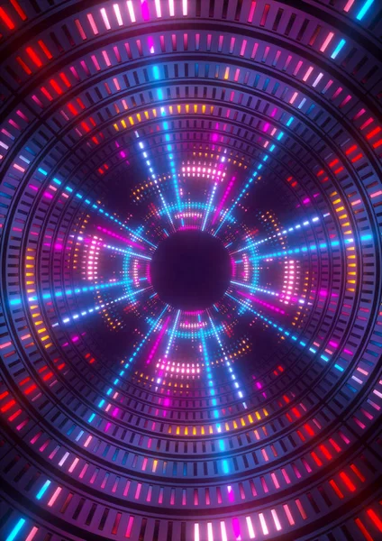 3d render, purple, blue, pink, neon lights, round hole, tunnel, abstract geometric background