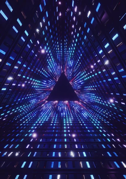 3d render, luces de neón azul, led, túnel de triángulo, fondo geométrico abstracto — Foto de Stock