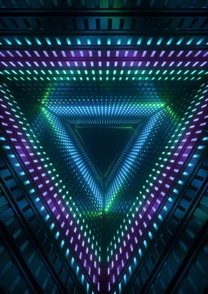 3d 渲染中，蓝色霓虹灯，三角隧道，抽象的几何背景 — 图库照片