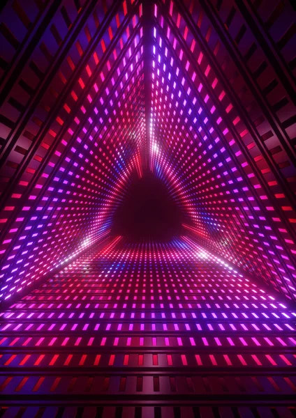 Rendering 3d, luci al neon, tunnel triangolo, sfondo geometrico astratto — Foto Stock