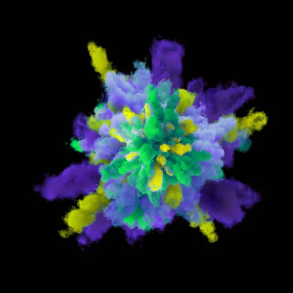 3D vykreslování, exploze zbarveného prášku, barvivo, barevné oblaka, izolované na černém pozadí — Stock fotografie