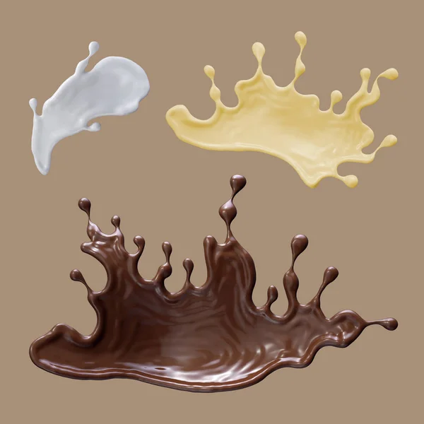 3D render, abstracte vloeibare melk, chocolade, boter, splash, col — Stockfoto