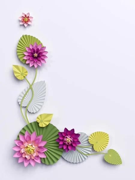 3D-Render, Papier Lotusblumen, Eckwanddekoration, rosa wat — Stockfoto