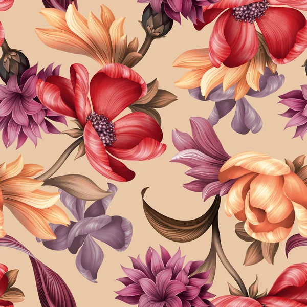 Motif floral sans couture, fleurs violettes rouges sauvages, illustration botanique, fond coloré — Photo