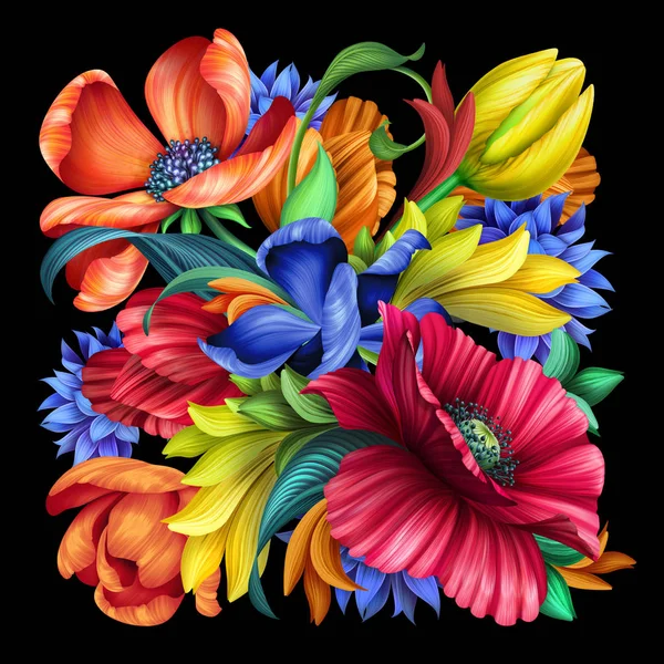 Illustrazione floreale botanica, bouquet di fiori di prato selvatico, isolato su sfondo nero, papavero, fiordaliso, tulipano — Foto Stock