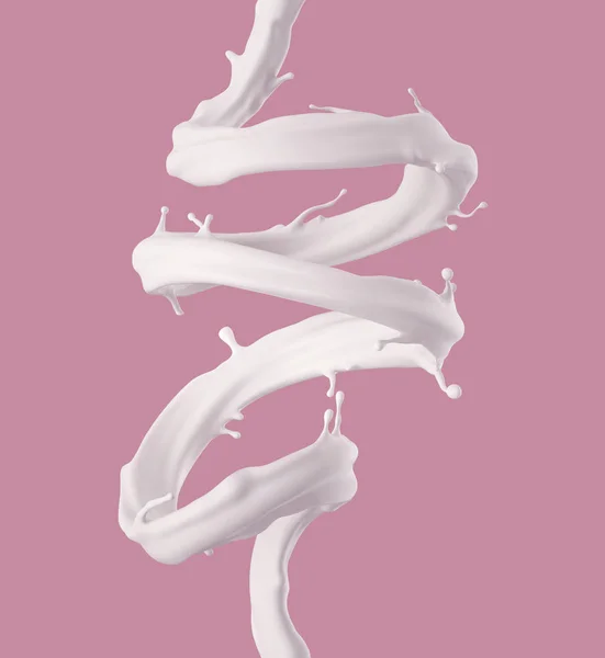 3d render, digital illustration, milk spiral jet, white splash, liquid wave, paint, loops, curvy line, pink background — Stock Photo, Image