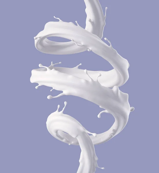 3d render, ilustración digital, chorro espiral de leche, salpicadura blanca, onda líquida, pintura, bucles, línea de curvas, fondo pastel — Foto de Stock