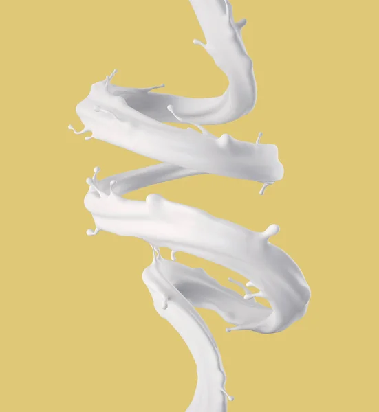 3D render, digitális illusztráció, tej spirál jet, splash, folyékony hullám, festék, hurkok, kanyargós vonal, sárga háttér fehér — Stock Fotó