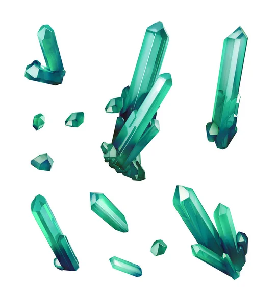 3d rendu, cristal vert émeraude isolé sur fond blanc, gemme, pépite naturelle, accessoire ésotérique — Photo