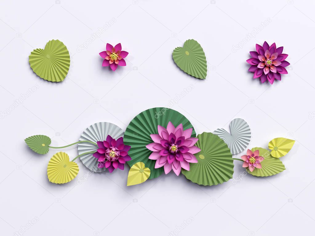 3d render, paper lotus flowers, wall decoration, border, pink wa