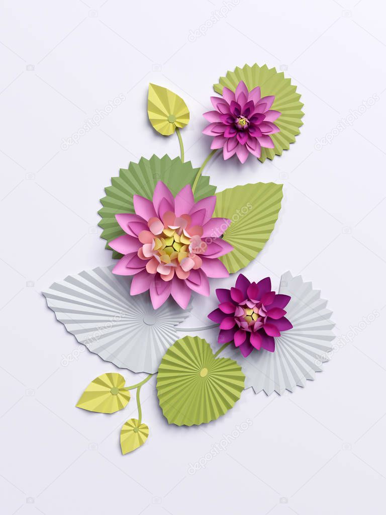 3d render, paper lotus flowers, wall decoration, pink water lily