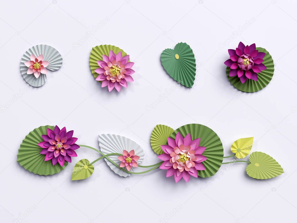 3d render, paper lotus flowers, wall decoration, border, pink wa