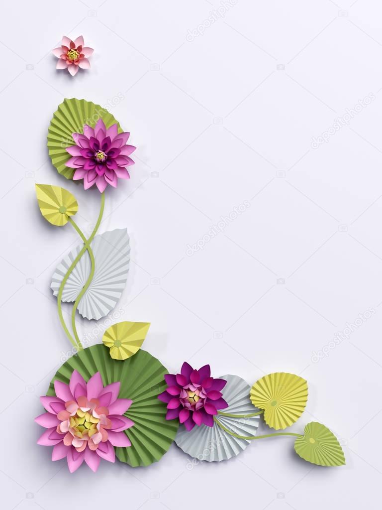 3d render, paper lotus flowers, corner wall decoration, pink wat