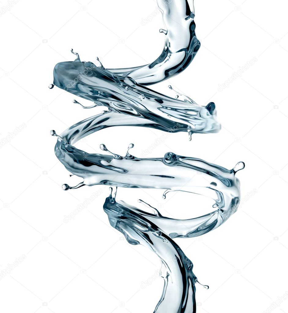 3d render, digital illustration, water spiral jet, clear splash, liquid wave, loops, curvy line, isolated on white background