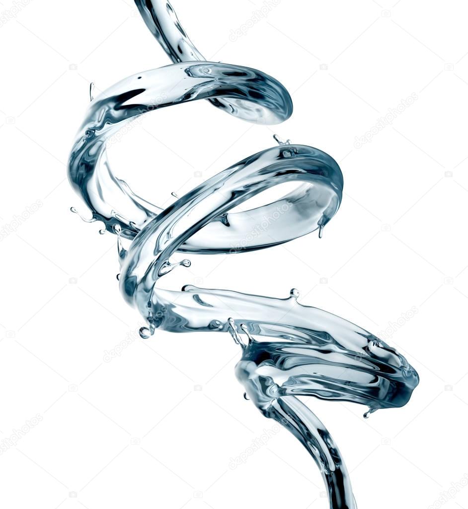 3d render, digital illustration, water spiral jet, clear splash, liquid wave, loops, curvy line, isolated on white background