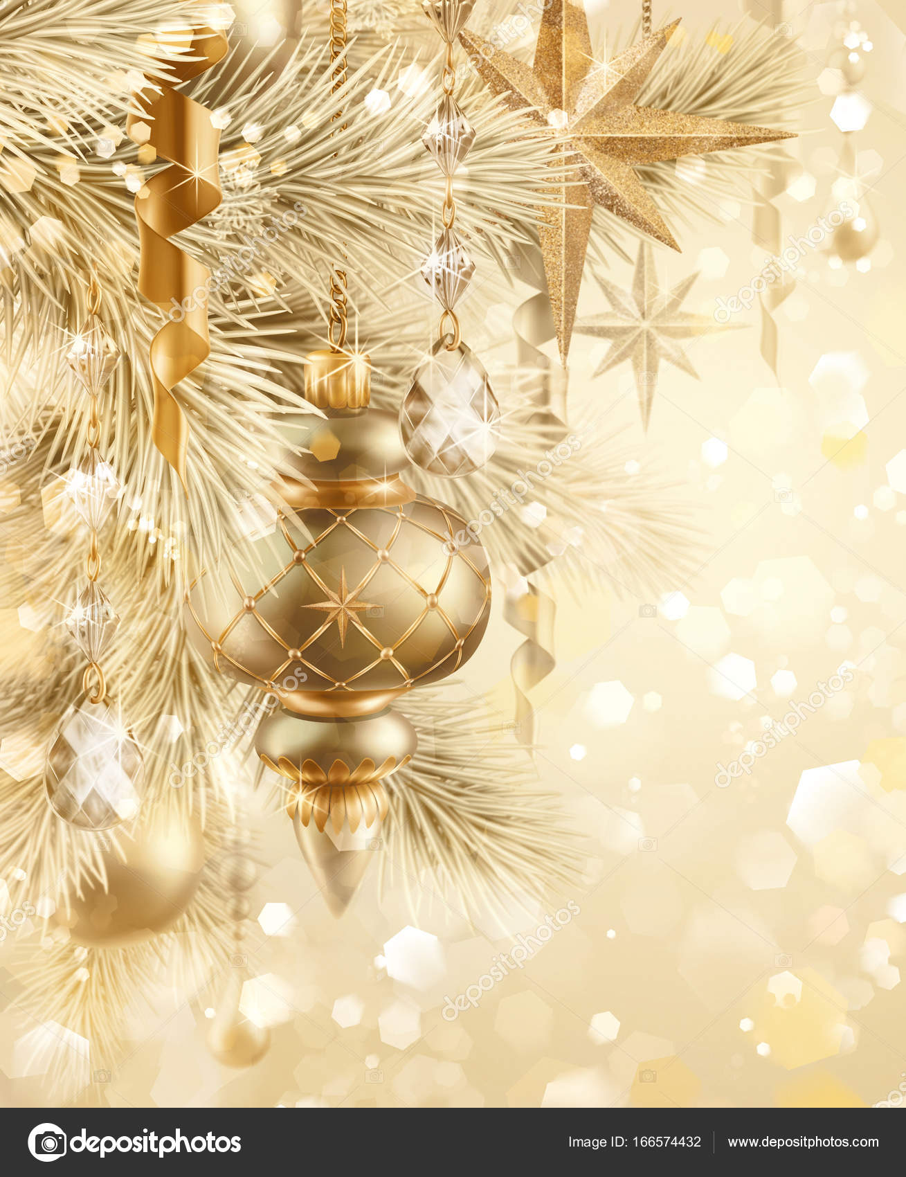 Cyfrowy ilustracja musujÄ…ce Å›wiatÅ‚a bokeh ozdoby vintage Christmas tree ZÅ‚ote tÅ‚o uroczysty zÅ‚ote kule stars ferie zimowe powitanie karta — ZdjÄ™cie