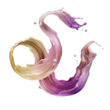 3D render, dijital illüstrasyon, soyut dinamik sıvı sıçrama, boya sıçramasına, soyut renkli dalga, moda arka plan, beyaz izole mor sarı, sanatsal klip sanat öğesi