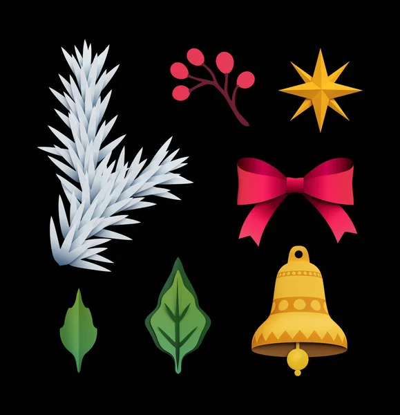 Rendu 3d, éléments de clip art de Noël, fond noir, coupe de papier, ornements festifs, décoration de vacances, cloche, sapin, arc, étoile, feuilles — Photo