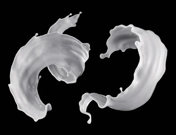 3D рендеринг, цифровая иллюстрация, молоко, спиральный набор жидкости брызг, элементы клип-арта, белые волны, изолированные на черном фоне — стоковое фото