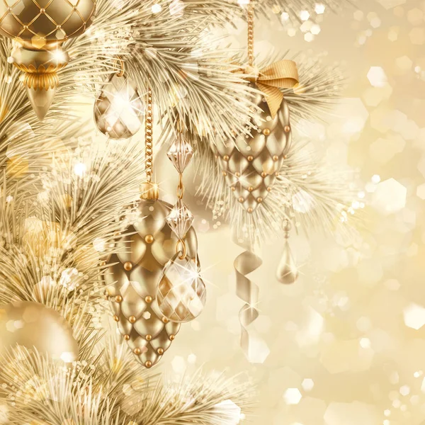 Ilustración digital, brillante fondo festivo dorado, luces bokeh, adornos vintage del árbol de Navidad, bolas de oro, estrellas, tarjeta de felicitación de vacaciones de invierno —  Fotos de Stock