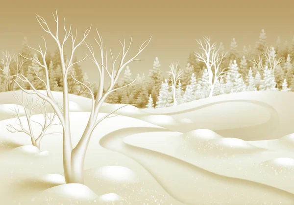 Digital illustration, gold Christmas Holiday background, winter forest landscape, panoramic view, countryside, festive greeting card — Stock Photo, Image