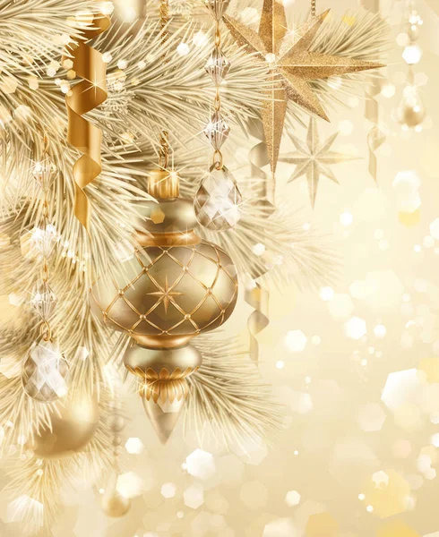 Digitális illusztráció, csillogó arany ünnepi háttér, fények bokeh, vintage karácsonyfa díszek, arany golyó, csillagok, téli üdülés üdvözlőlap — Stock Fotó